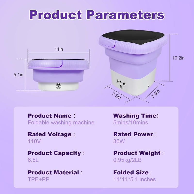 HULKNPEW 6.5L Folding Washing Machine,Portable Washing Machine,Small Washer with 3 Modes Deep Cleaning & Spin-dry,Easy to Carry,Suitable for Apartments, Dormitories, Camping, RV, Travel,Hotels-Purple - Image 3