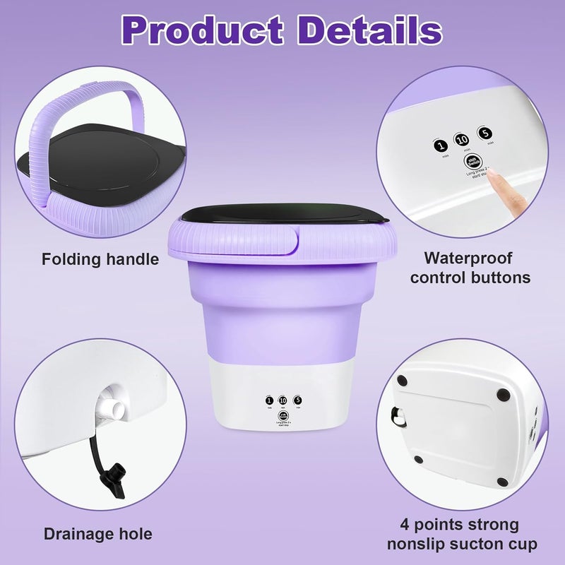 HULKNPEW 6.5L Folding Washing Machine,Portable Washing Machine,Small Washer with 3 Modes Deep Cleaning & Spin-dry,Easy to Carry,Suitable for Apartments, Dormitories, Camping, RV, Travel,Hotels-Purple - Image 2