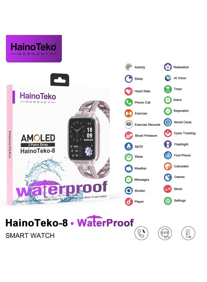 Haino Teko Germany 8 Mini Full Screen AMOLED Display Ladies Smart Watch With 3 Pair Straps and Wireless Charger - Image 3
