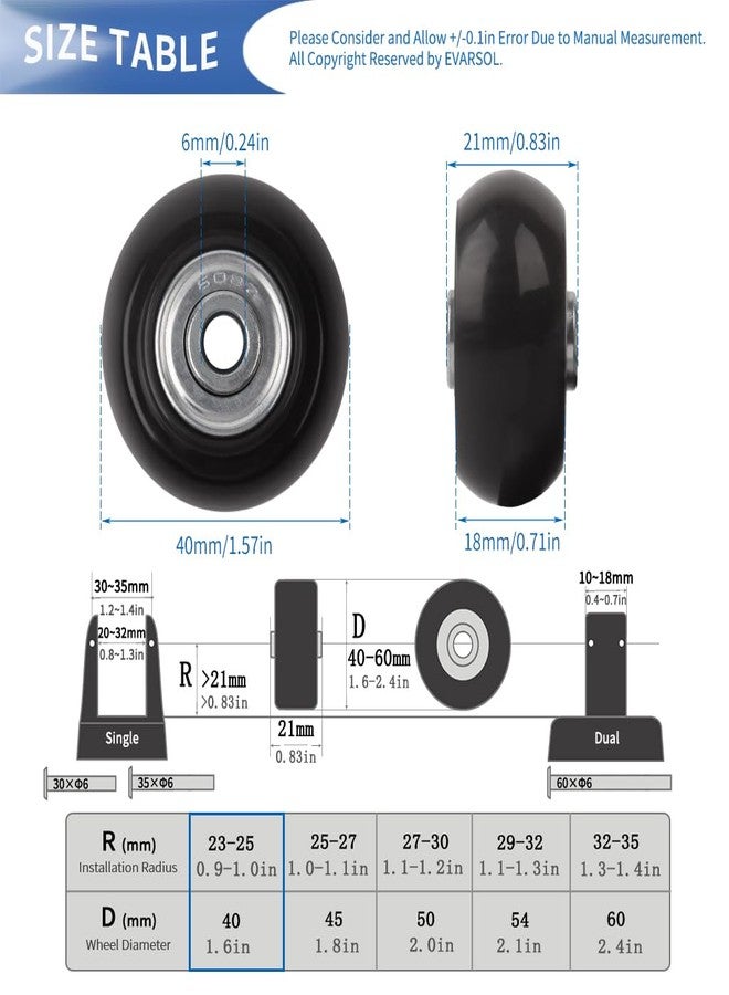 EVARSOL 40mm Set of 4 Luggage Suitcase Replacement Wheels for Trolley Case Travel Bags Caster Inline Roller Skating Roller Swivel Rubber Rollers Bearings Casters Repair Kits with Axles 30mm&35mm&60mm - Image 3