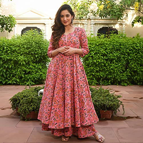 Arayna Women's Cotton Printed Anarkali Kurti with Palazzo Pants Set, Floral (Large) Pink - Image 2