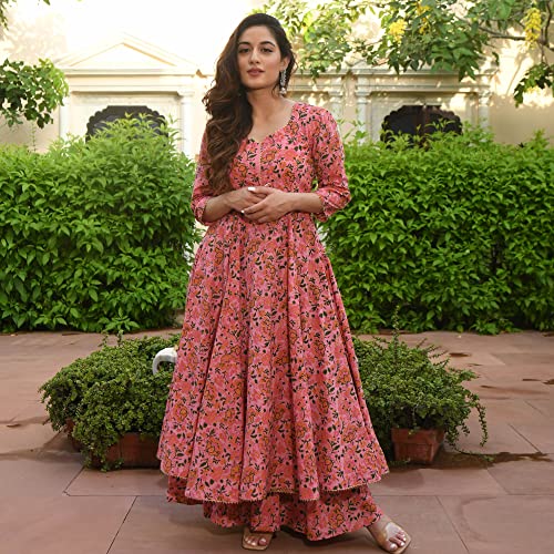 Arayna Women's Cotton Printed Anarkali Kurti with Palazzo Pants Set, Floral (Large) Pink - Image 3
