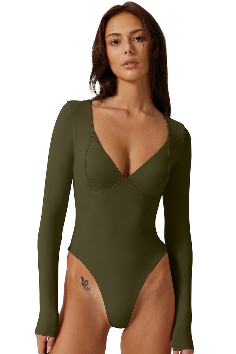 QINSEN Bodysuit Shirts for Women V Neck Seamed Cup Long Sleeve Shirt Double Lined Tops Army Green S - Image 4