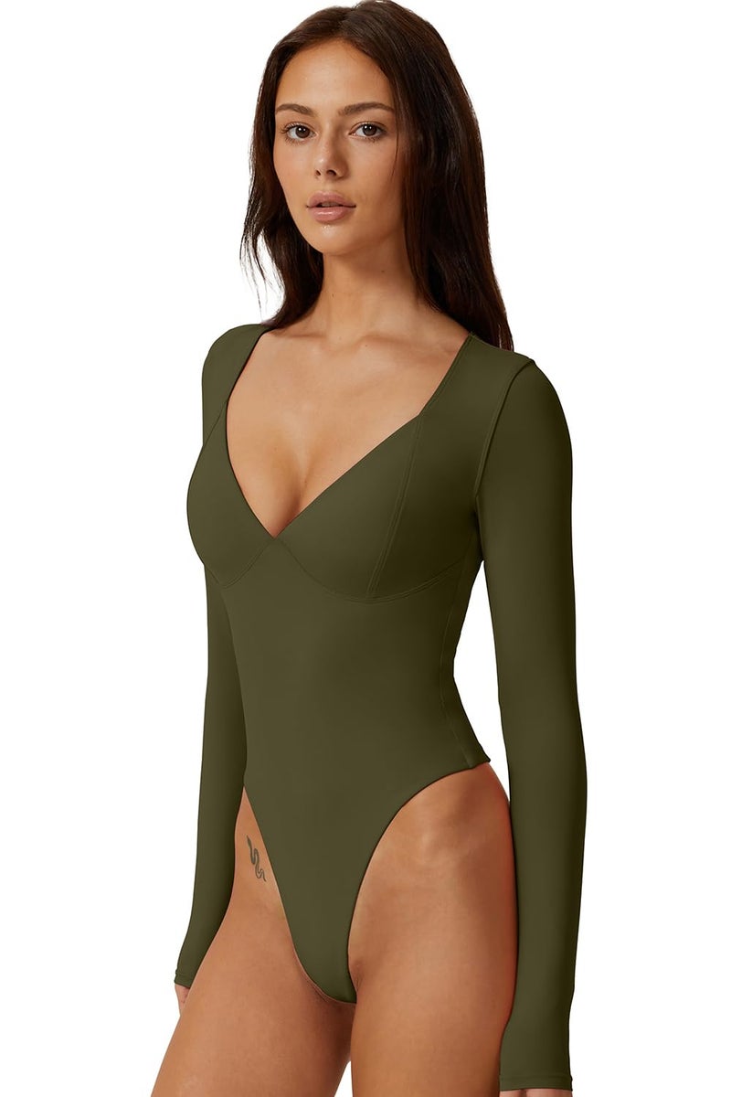 QINSEN Bodysuit Shirts for Women V Neck Seamed Cup Long Sleeve Shirt Double Lined Tops Army Green S - Image 3