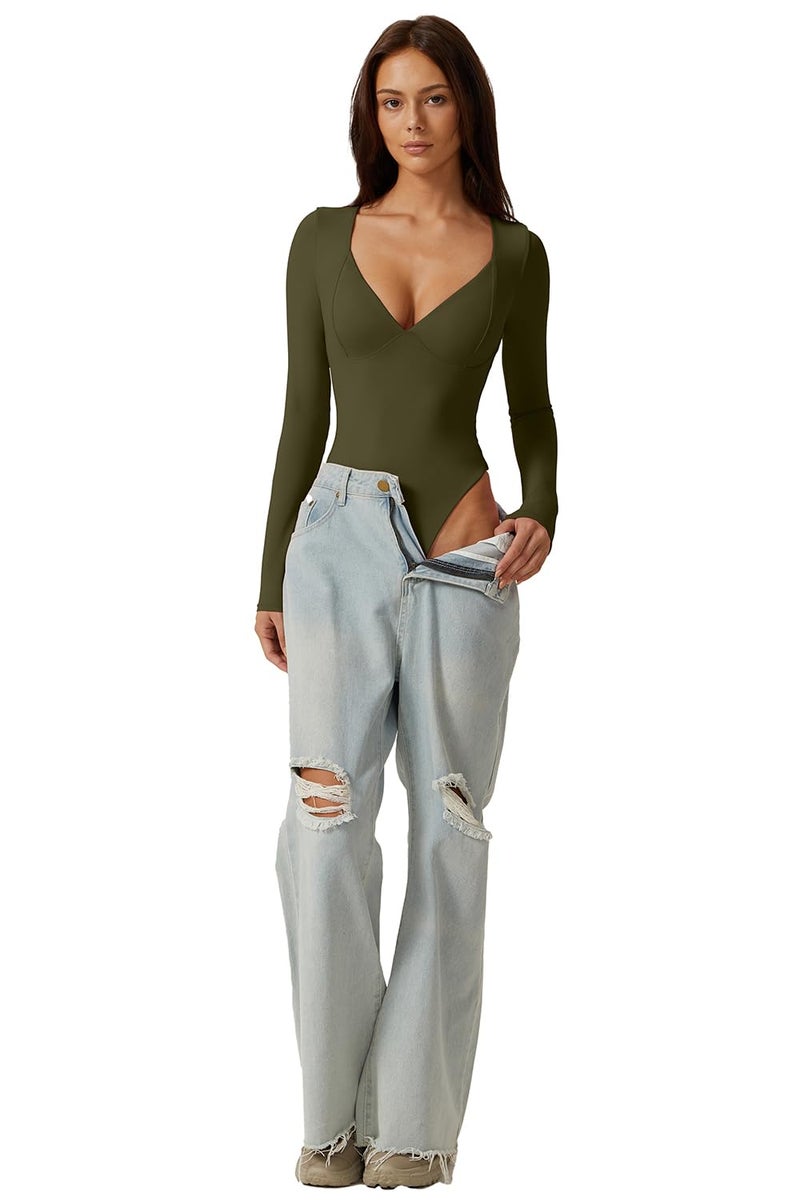 QINSEN Bodysuit Shirts for Women V Neck Seamed Cup Long Sleeve Shirt Double Lined Tops Army Green S - Image 5
