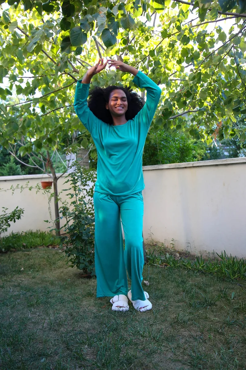 اليش شيل بيزي Women's Combed Cotton Wide Leg Pajamas Set 4124