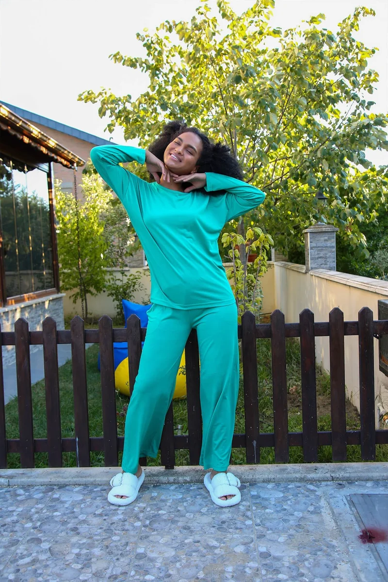 اليش شيل بيزي Women's Combed Cotton Wide Leg Pajamas Set 4124