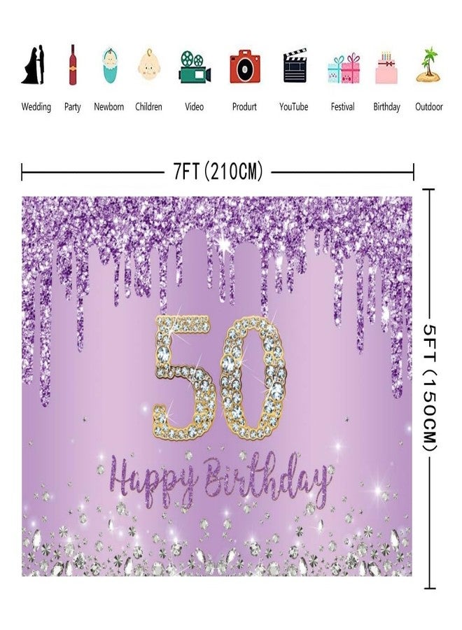 INRUI Purple Happy 50th Birthday Photography Background Girls Sweet Fifty Years Old Birthday Party Decorations Backdrop 7x5FT - Image 5