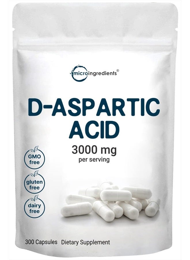 Micro Ingredients D Aspartic Acid Pills, DAA Supplement, 3000mg Per Serving, 300 Capsules, Premium D Aspartic Acid, Non-GMO  - Image 1