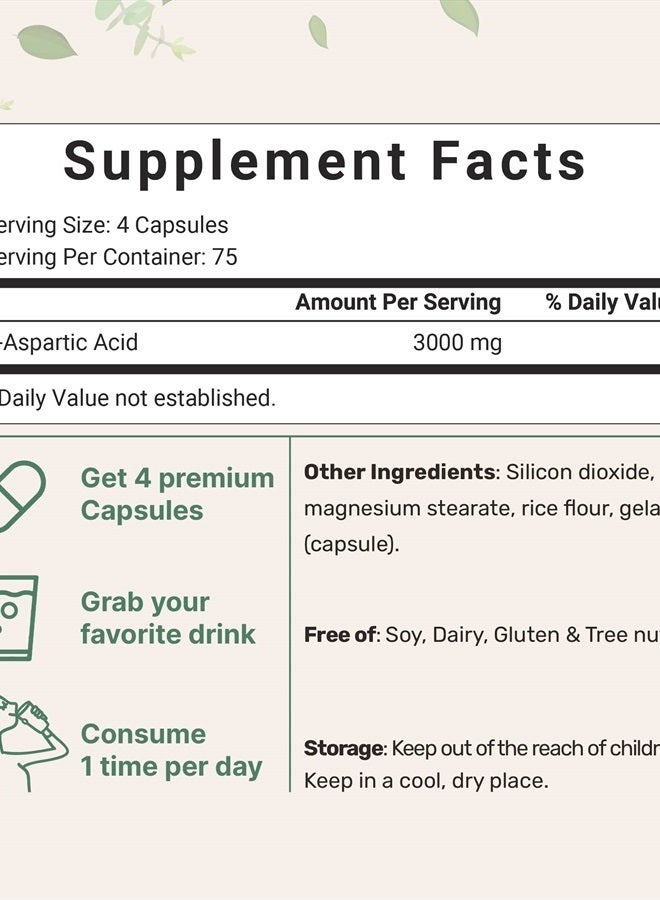 Micro Ingredients D Aspartic Acid Pills, DAA Supplement, 3000mg Per Serving, 300 Capsules, Premium D Aspartic Acid, Non-GMO  - Image 2