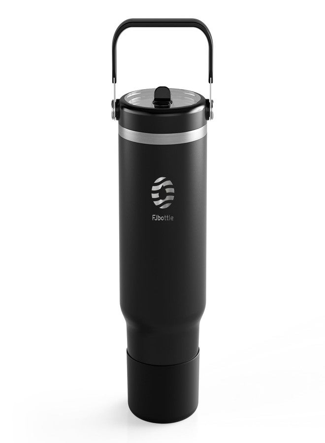 FjBottle كوب معزول من Fjbottle سعة 40 أونصة مع مقبض وماصة، زجاجة مياه من الفولاذ المقاوم للصدأ، كوب قهوة للسفر مانع للتسرب مع غطاء سيليكون للسيارة والنادي الرياضي، أسود - Image 1