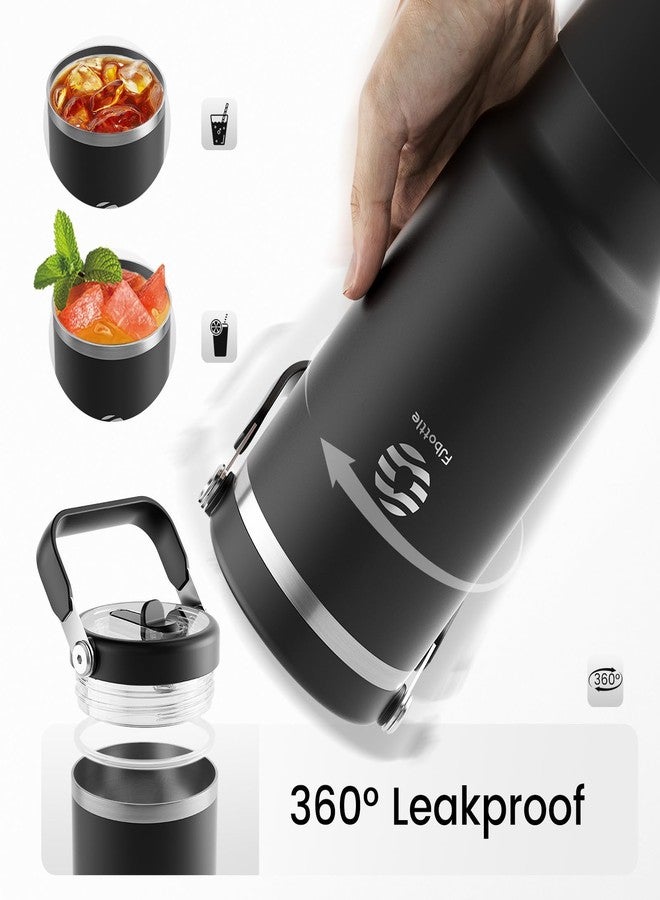 FjBottle كوب معزول من Fjbottle سعة 40 أونصة مع مقبض وماصة، زجاجة مياه من الفولاذ المقاوم للصدأ، كوب قهوة للسفر مانع للتسرب مع غطاء سيليكون للسيارة والنادي الرياضي، أسود - Image 4