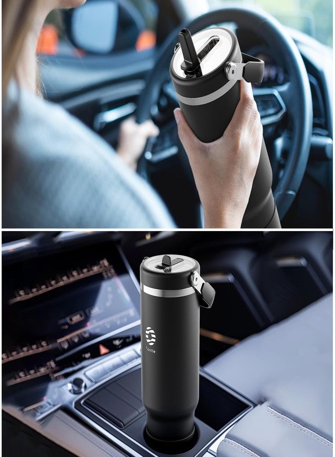 FjBottle كوب معزول من Fjbottle سعة 40 أونصة مع مقبض وماصة، زجاجة مياه من الفولاذ المقاوم للصدأ، كوب قهوة للسفر مانع للتسرب مع غطاء سيليكون للسيارة والنادي الرياضي، أسود - Image 5