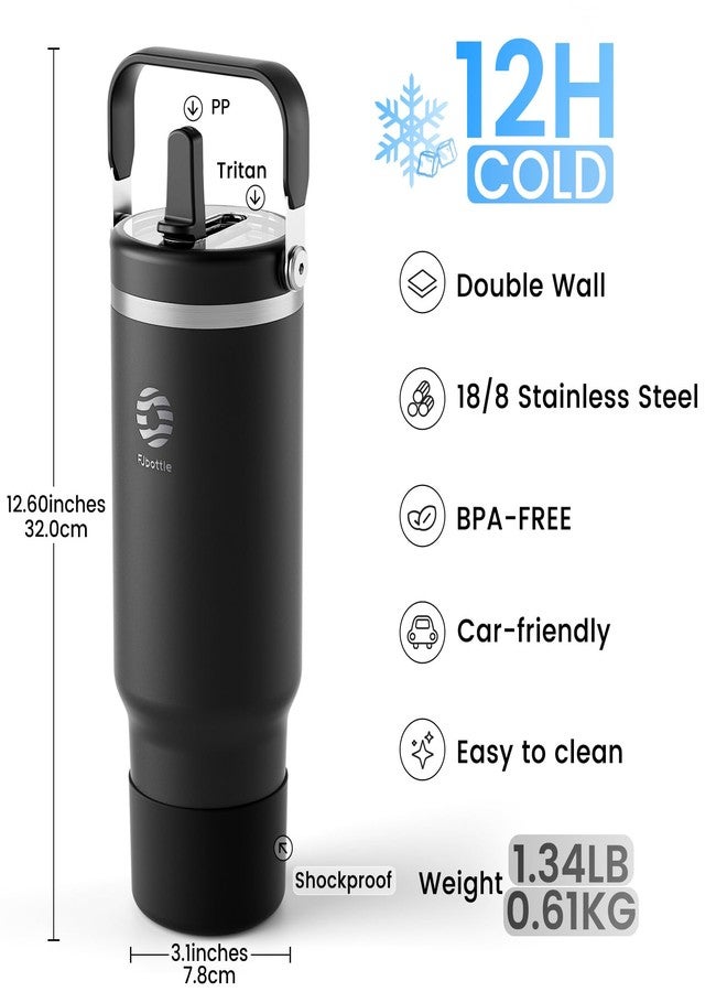 FjBottle كوب معزول من Fjbottle سعة 40 أونصة مع مقبض وماصة، زجاجة مياه من الفولاذ المقاوم للصدأ، كوب قهوة للسفر مانع للتسرب مع غطاء سيليكون للسيارة والنادي الرياضي، أسود - Image 3