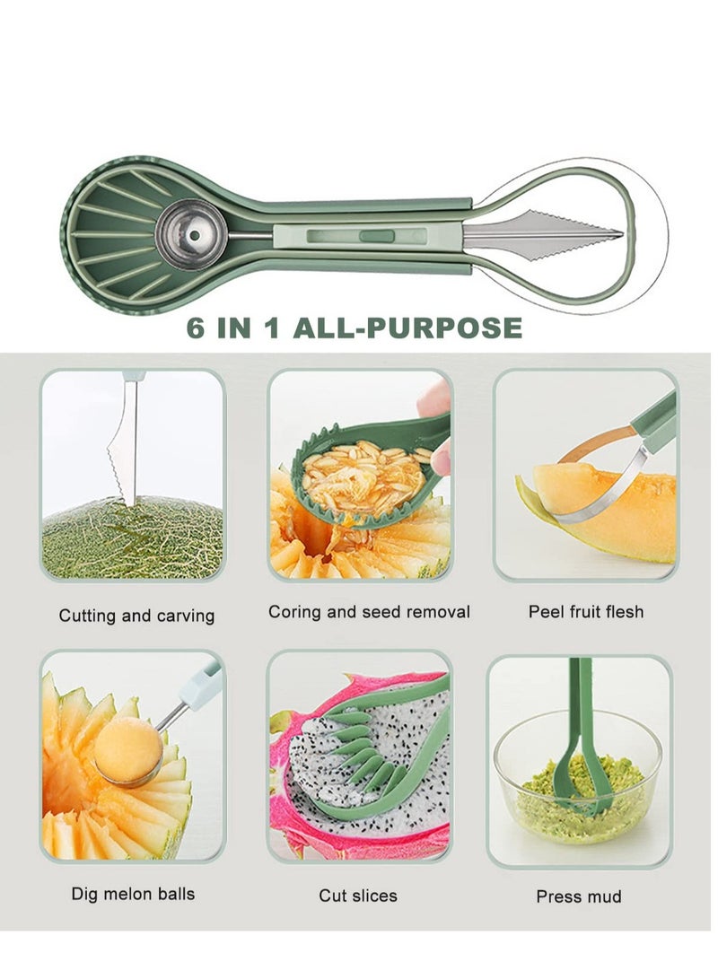 Excefore Fruit Cutters Seed Remover, 6 in 1 Stainless Steel Melon Baller Scoop Set, Seed Remover Knife and Fruit Carving Tools, Watermelon Slicer Ice Cream Baller (Green） - Image 4