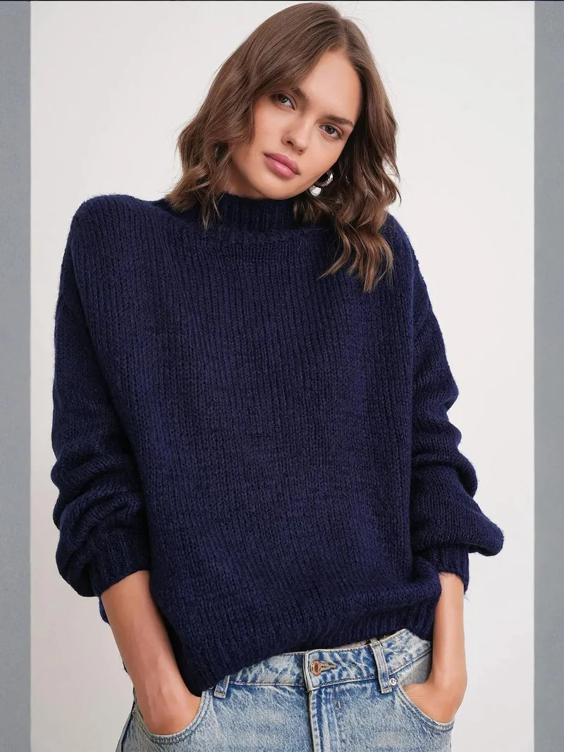 Mixray Navy Blue Mixray Relaxed Fit Crew Neck Thick Knit Sweater for Women | Best Price UAE