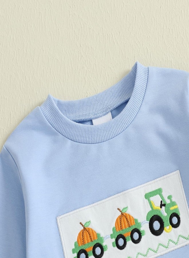 Thorn Tree Toddler Boy Halloween Outfit Pumpkin Embroidery Long Sleeve Sweatshirt Plaid Pants Fall Clothes Set (Blue, 6-12 Months) - Image 5