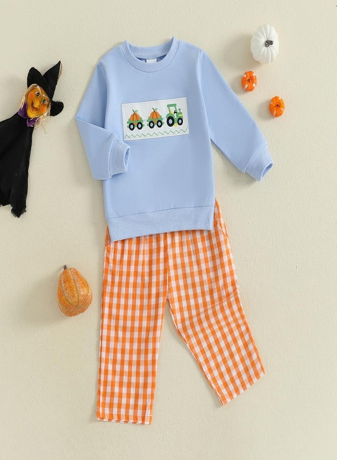 Thorn Tree Toddler Boy Halloween Outfit Pumpkin Embroidery Long Sleeve Sweatshirt Plaid Pants Fall Clothes Set (Blue, 6-12 Months) - Image 3