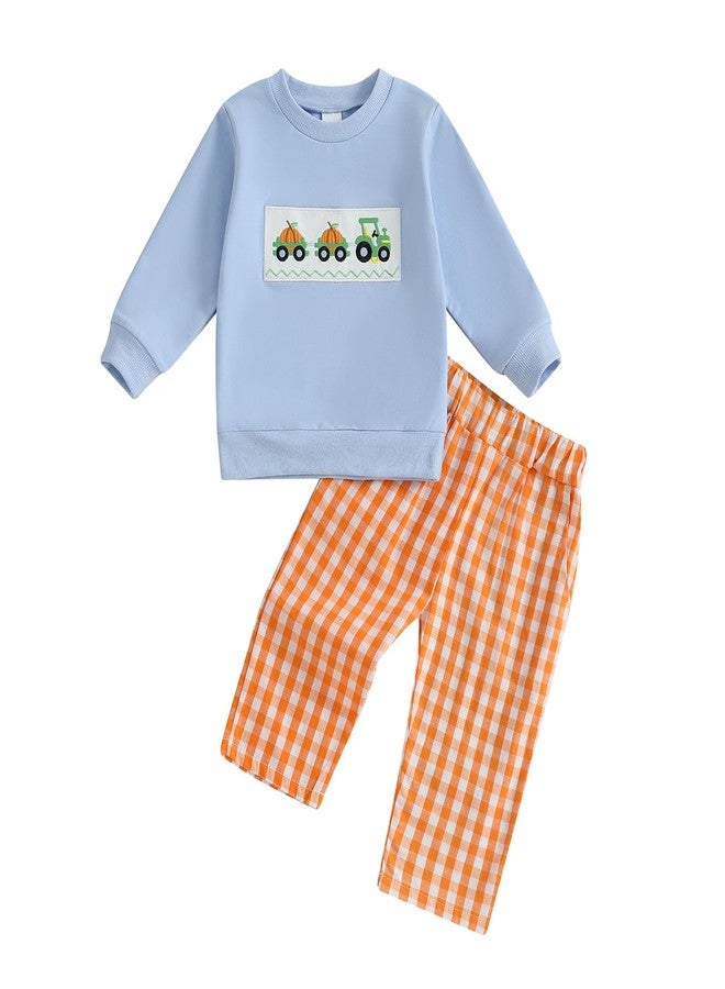 Thorn Tree Toddler Boy Halloween Outfit Pumpkin Embroidery Long Sleeve Sweatshirt Plaid Pants Fall Clothes Set (Blue, 6-12 Months) - Image 1