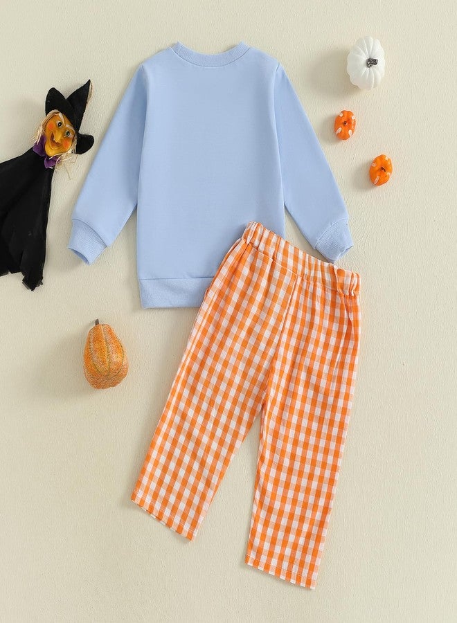 Thorn Tree Toddler Boy Halloween Outfit Pumpkin Embroidery Long Sleeve Sweatshirt Plaid Pants Fall Clothes Set (Blue, 6-12 Months) - Image 4