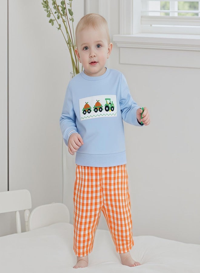 Thorn Tree Toddler Boy Halloween Outfit Pumpkin Embroidery Long Sleeve Sweatshirt Plaid Pants Fall Clothes Set (Blue, 6-12 Months) - Image 2
