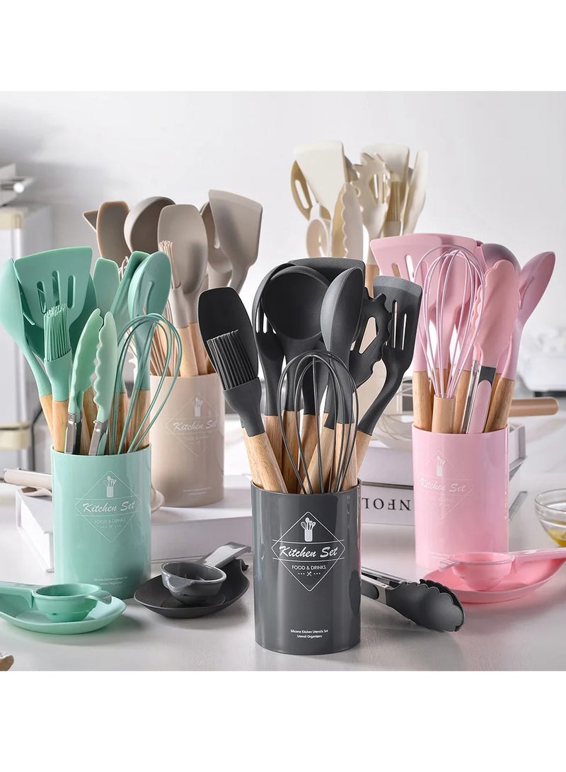 AROAQ Silicone Kitchen Utensils Set With Wooden Handle And Storage Bucket, Heat Resistant Silicone Kitchen Spatulas Set, Light green 12pc  - Image 2