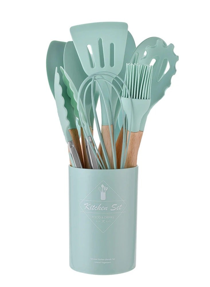 AROAQ Silicone Kitchen Utensils Set With Wooden Handle And Storage Bucket, Heat Resistant Silicone Kitchen Spatulas Set, Light green 12pc  - Image 1