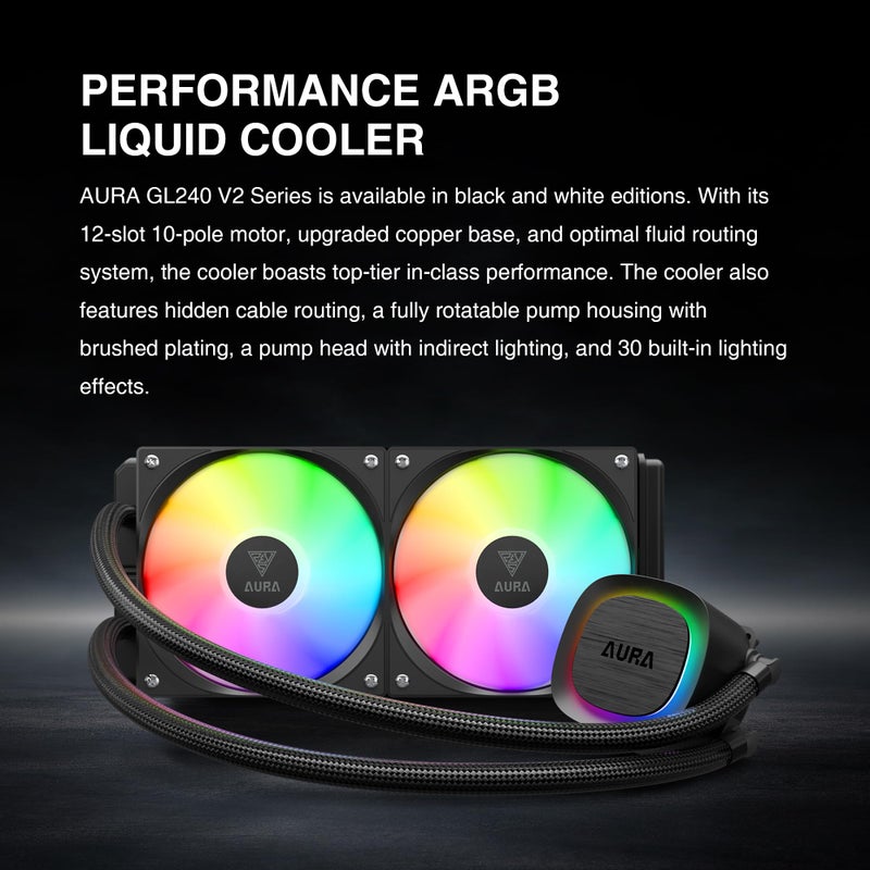 GAMDIAS GAMDIAS 240mm AIO CPU Water Cooler, Hidden Cable Design, Rotatable Pump, MB Sync ARGB & PWM, 30 Light Effect, Intel LGA 1700, AMD AM5/AM4, Black, AURA  - Image 2