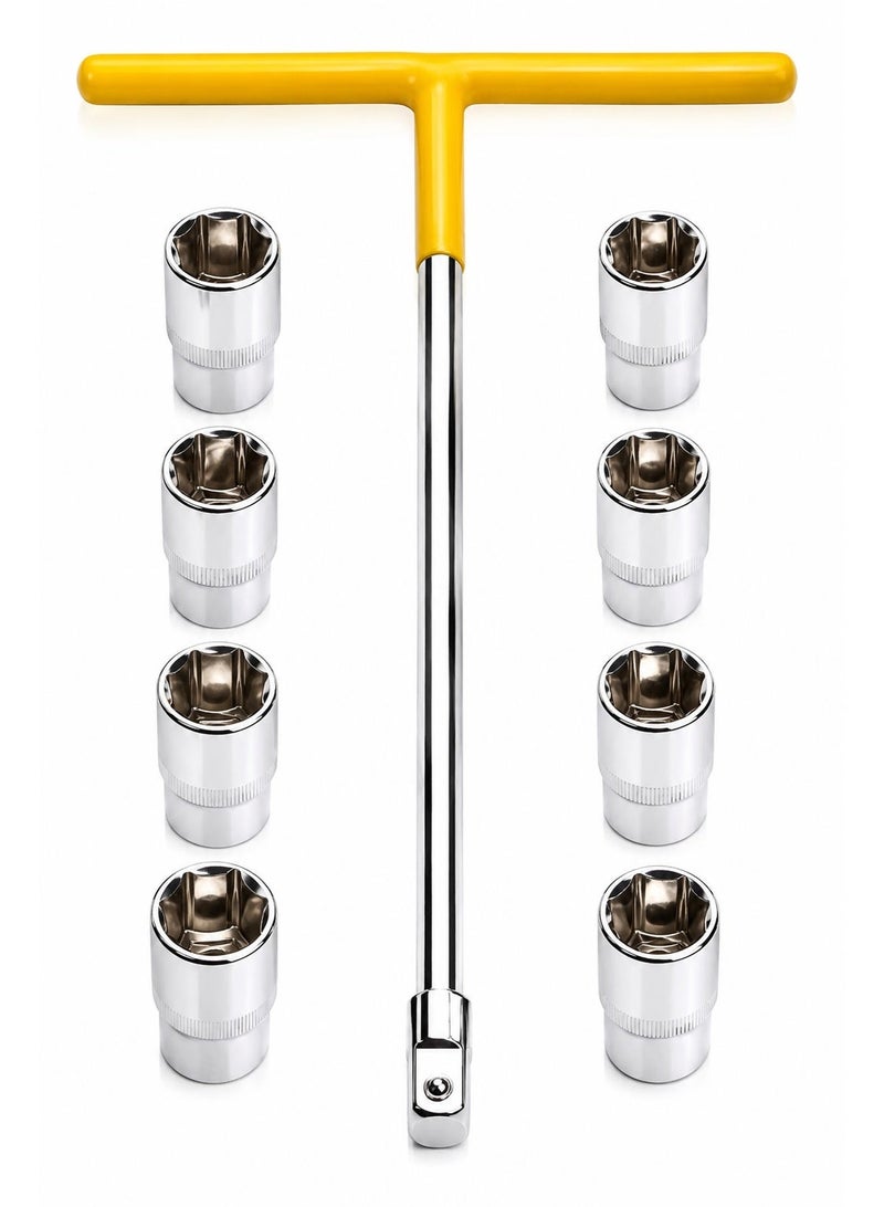 T-Type Pistol Wrench with 1/2-Inch Drive and 8-Piece Shallow Socket Set, 8–15 mm Chrome Socket Tool Kit with Long Steel Shaft and Comfort Grip Handle for Automotive and Mechanical Repairs - Image 1