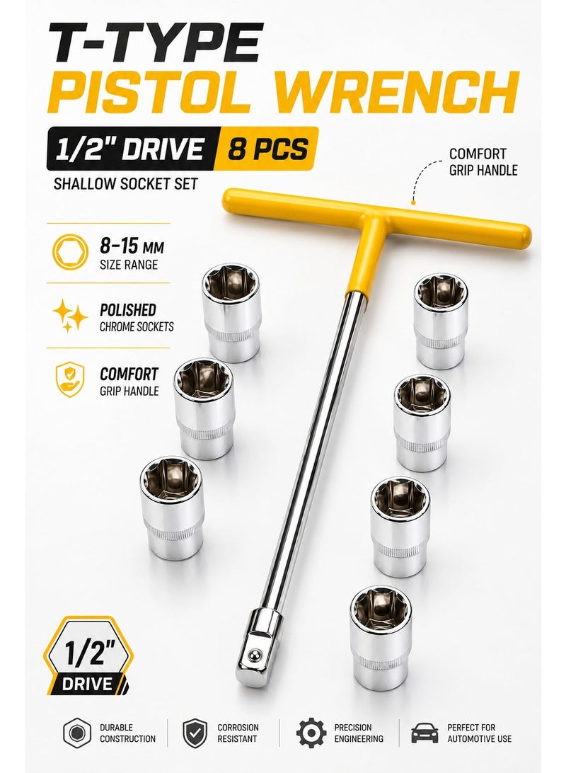 T-Type Pistol Wrench with 1/2-Inch Drive and 8-Piece Shallow Socket Set, 8–15 mm Chrome Socket Tool Kit with Long Steel Shaft and Comfort Grip Handle for Automotive and Mechanical Repairs - Image 4