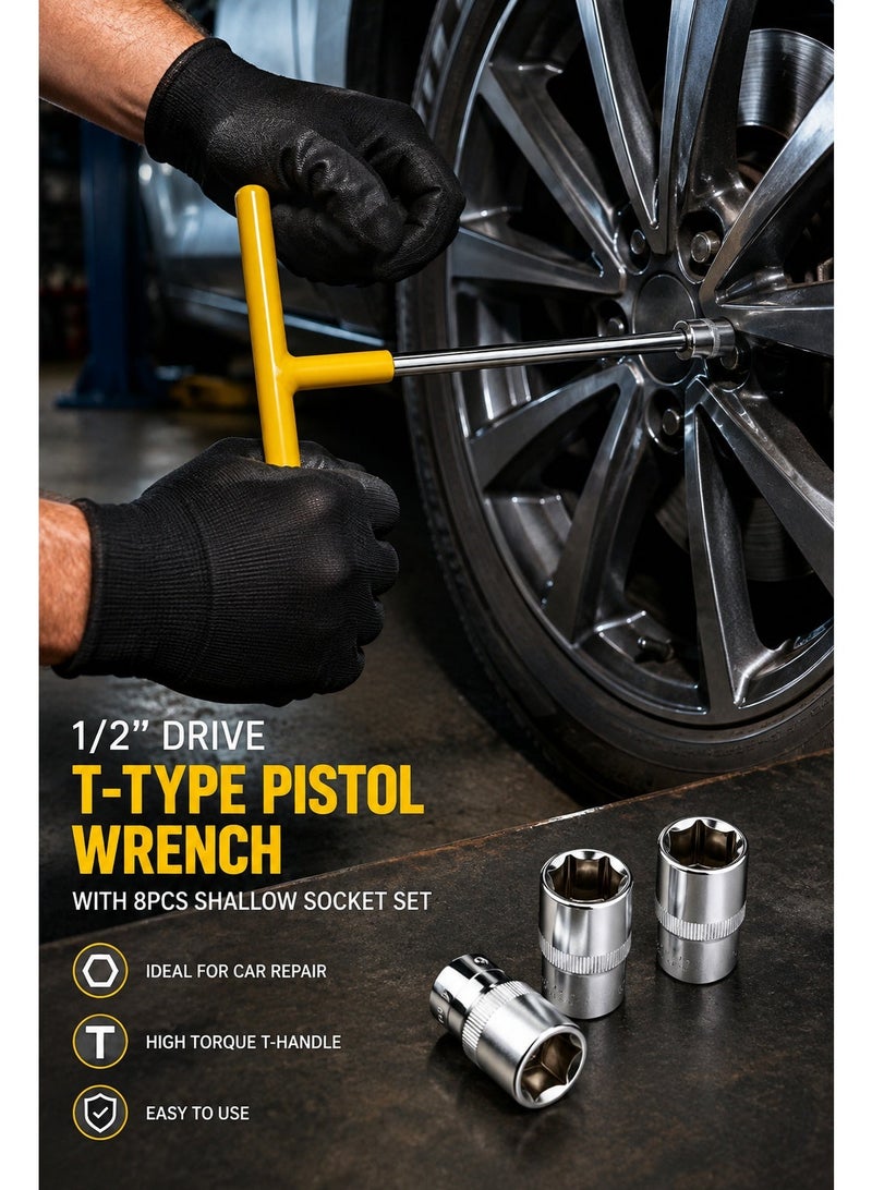 T-Type Pistol Wrench with 1/2-Inch Drive and 8-Piece Shallow Socket Set, 8–15 mm Chrome Socket Tool Kit with Long Steel Shaft and Comfort Grip Handle for Automotive and Mechanical Repairs - Image 2