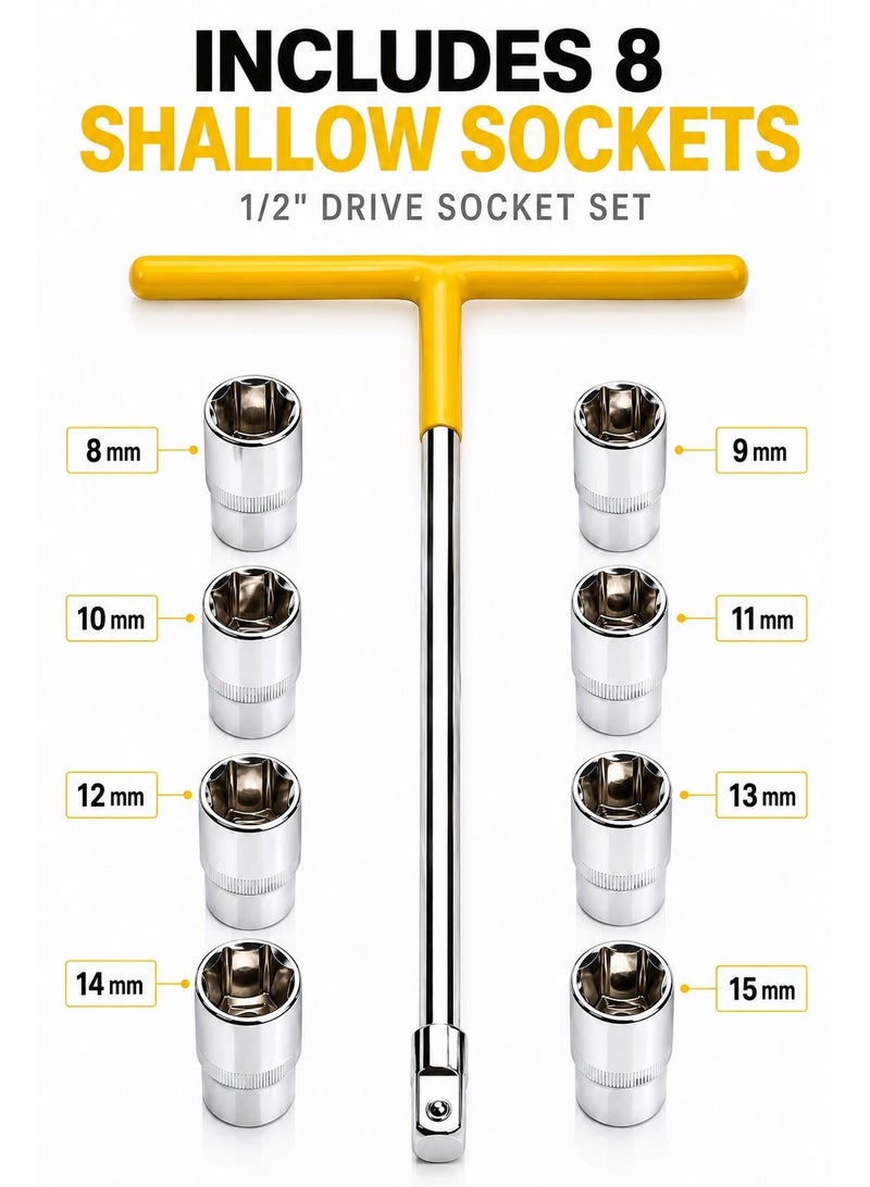 T-Type Pistol Wrench with 1/2-Inch Drive and 8-Piece Shallow Socket Set, 8–15 mm Chrome Socket Tool Kit with Long Steel Shaft and Comfort Grip Handle for Automotive and Mechanical Repairs - Image 3
