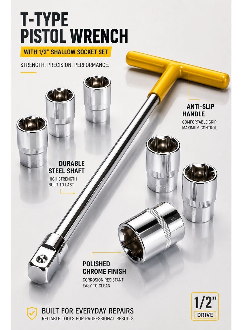 T-Type Pistol Wrench with 1/2-Inch Drive and 8-Piece Shallow Socket Set, 8–15 mm Chrome Socket Tool Kit with Long Steel Shaft and Comfort Grip Handle for Automotive and Mechanical Repairs - Image 5