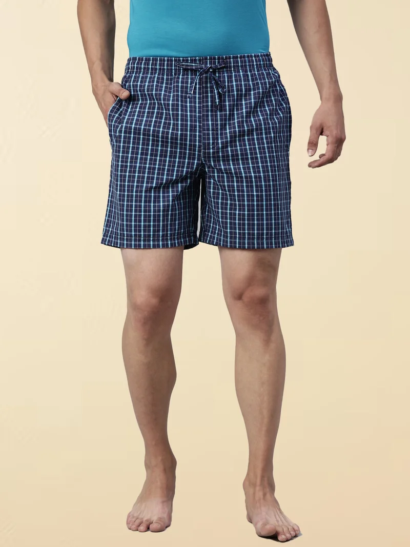 جوفن شورت رجالي منزلي كاروهات أزرق داكن