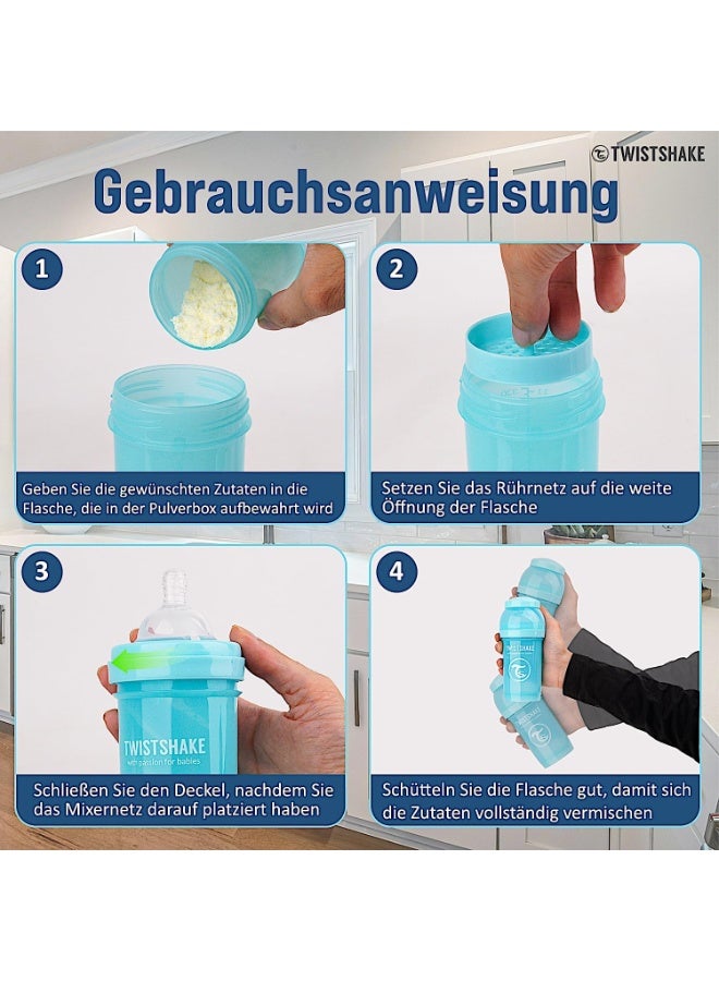 Twistshake Anti-Colic Baby Bottle with Milk Powder Container and Mixer - 180ml | Slow Flow Silicone Breast-Like Nipple | BPA- Free | Suitable for Newborns (0+) | Blue - Image 5