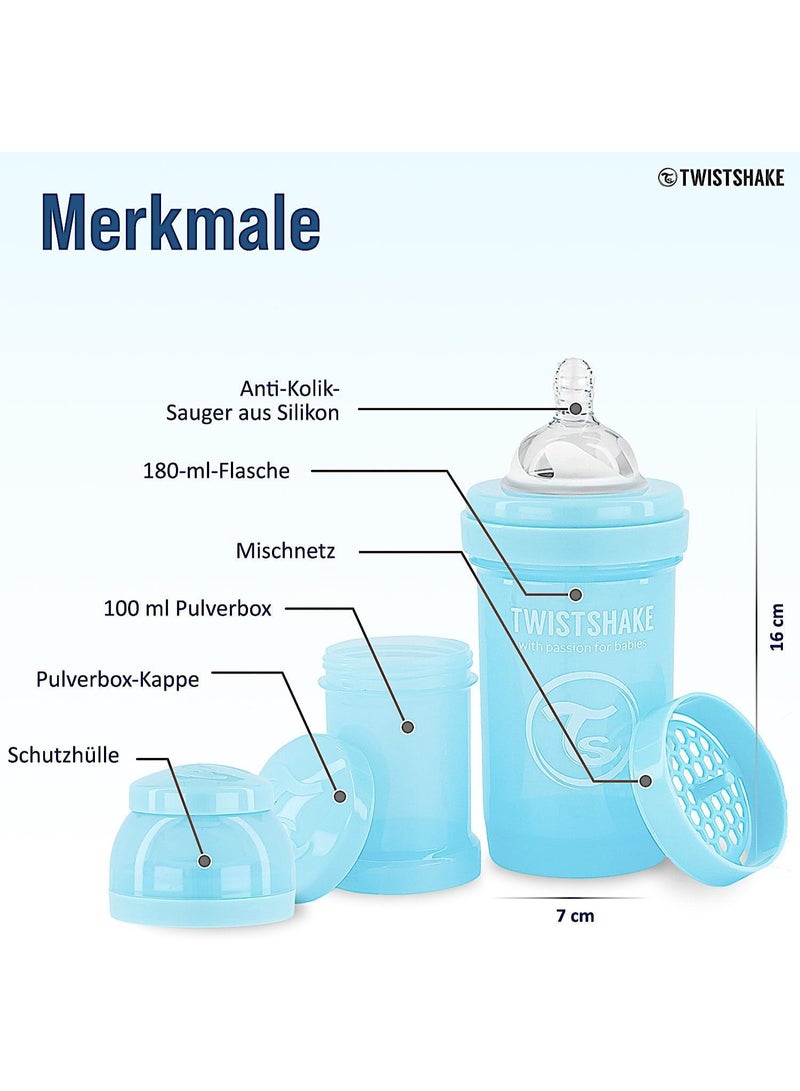 Twistshake Anti-Colic Baby Bottle with Milk Powder Container and Mixer - 180ml | Slow Flow Silicone Breast-Like Nipple | BPA- Free | Suitable for Newborns (0+) | Blue - Image 2