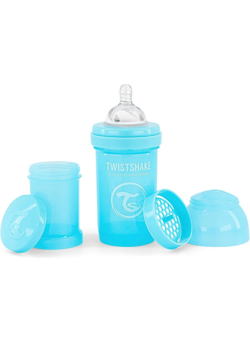 Twistshake Anti-Colic Baby Bottle with Milk Powder Container and Mixer - 180ml | Slow Flow Silicone Breast-Like Nipple | BPA- Free | Suitable for Newborns (0+) | Blue - Image 1