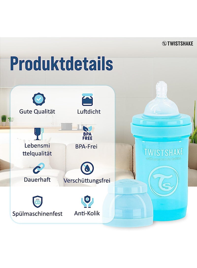 Twistshake Anti-Colic Baby Bottle with Milk Powder Container and Mixer - 180ml | Slow Flow Silicone Breast-Like Nipple | BPA- Free | Suitable for Newborns (0+) | Blue - Image 4