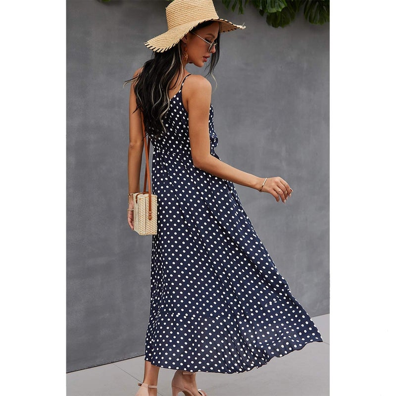 BROVAVE Women's 2025 Summer Casual Boho Sundress Polka Dot Spaghetti Strap V Neck Flowy Midi Dresses(008 Navy, Large) - Image 4