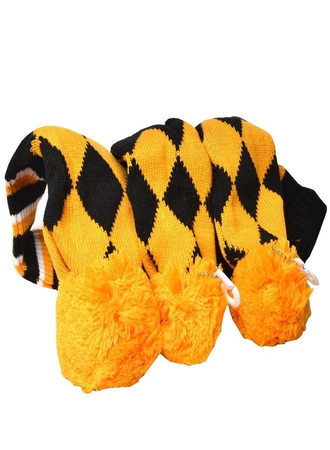 GOOACTION 3PCS Knitted Golf Head Covers 1-3-5 for Driver and Fairway Woods with Long Neck Design Vintage Argyle Yellow and Black Sock Pom Pom Golf Club Head Covers Set - Image 1