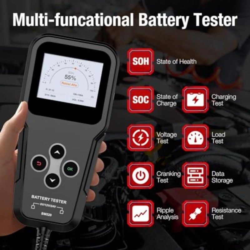 Multi-Voltage Car Battery Tester 6V 12V 24V, BM520 Automotive Battery Load Tester 100-2000 CCA Auto Battery Tester Digital Battery Analyzer Auto Battery Capacity and Load Tester for Car Motorcycle AT - Image 4