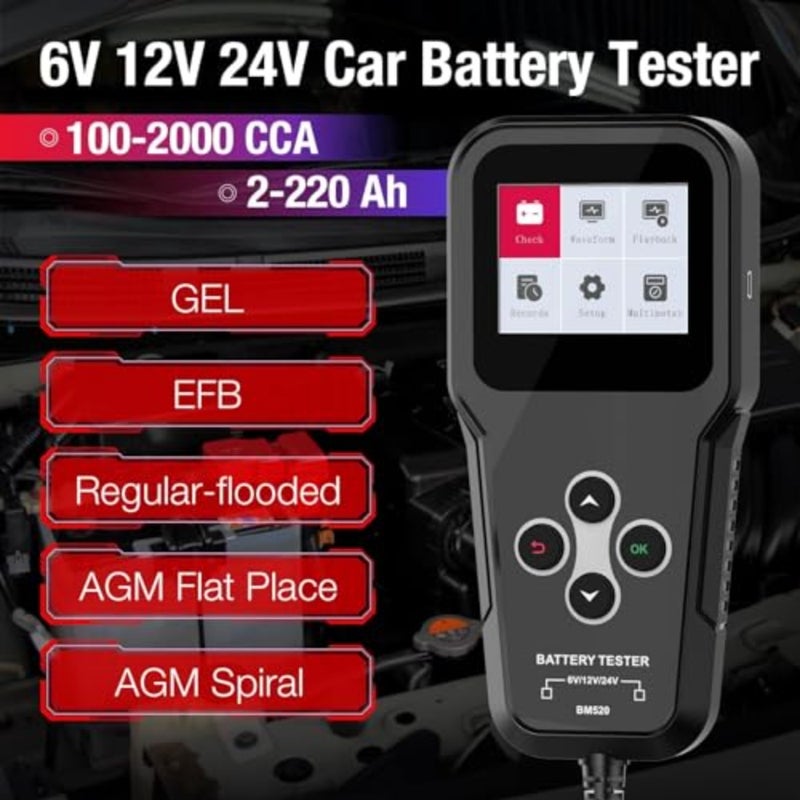 Multi-Voltage Car Battery Tester 6V 12V 24V, BM520 Automotive Battery Load Tester 100-2000 CCA Auto Battery Tester Digital Battery Analyzer Auto Battery Capacity and Load Tester for Car Motorcycle AT - Image 2