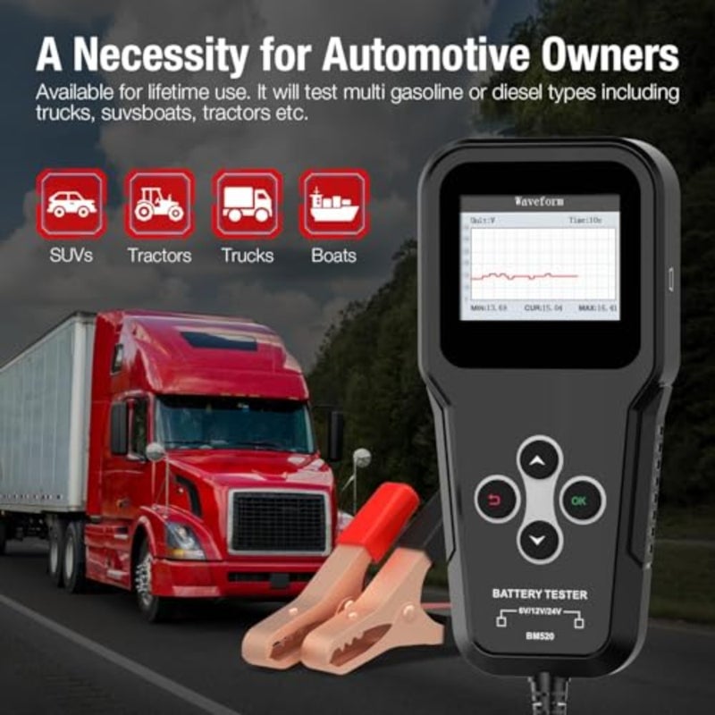 Multi-Voltage Car Battery Tester 6V 12V 24V, BM520 Automotive Battery Load Tester 100-2000 CCA Auto Battery Tester Digital Battery Analyzer Auto Battery Capacity and Load Tester for Car Motorcycle AT - Image 3