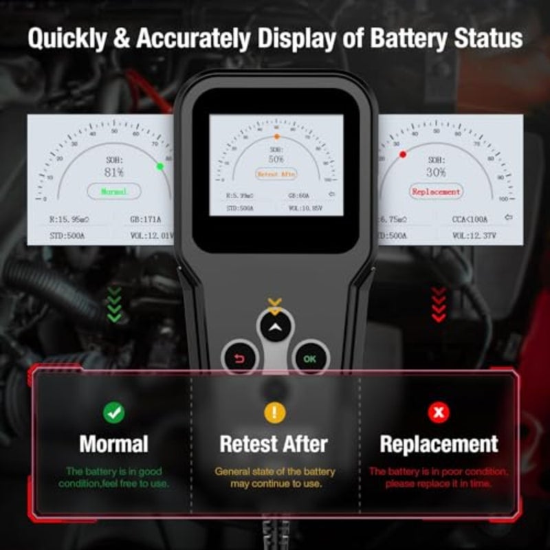 Multi-Voltage Car Battery Tester 6V 12V 24V, BM520 Automotive Battery Load Tester 100-2000 CCA Auto Battery Tester Digital Battery Analyzer Auto Battery Capacity and Load Tester for Car Motorcycle AT - Image 5