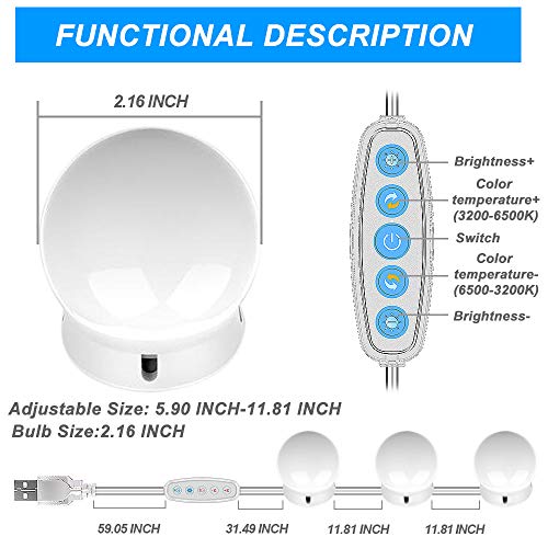 SICCOO Vanity Mirror Lights, 10 Dimmable Bulbs DIY Hollywood Style LED Makeup Mirror Lights with USB Cable, Lighting Fixture Strip for Makeup Dressing Table Bathroom, White, Framed, Round, Wall Mount - Image 5