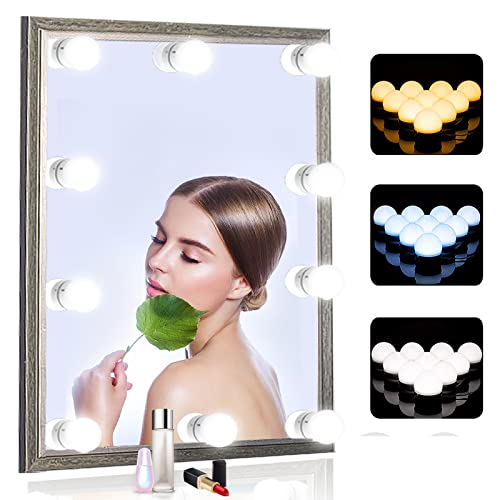 SICCOO Vanity Mirror Lights, 10 Dimmable Bulbs DIY Hollywood Style LED Makeup Mirror Lights with USB Cable, Lighting Fixture Strip for Makeup Dressing Table Bathroom, White, Framed, Round, Wall Mount - Image 1