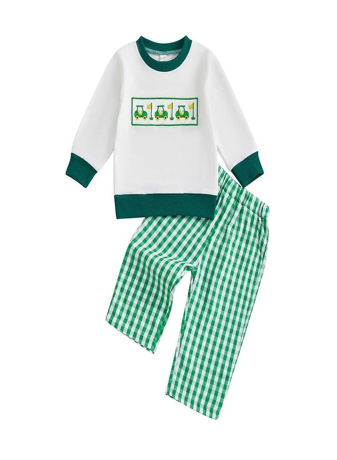 Mobbdow Toddler Baby Boy Golf Outfit Golf Cart Embroidery Crewneck Long Sleeve Sweatshirt and Plaid Pants Set Fall Clothes (A-Green, 2-3T) - Image 1
