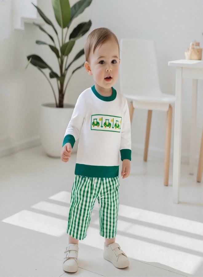 Mobbdow Toddler Baby Boy Golf Outfit Golf Cart Embroidery Crewneck Long Sleeve Sweatshirt and Plaid Pants Set Fall Clothes (A-Green, 2-3T) - Image 4