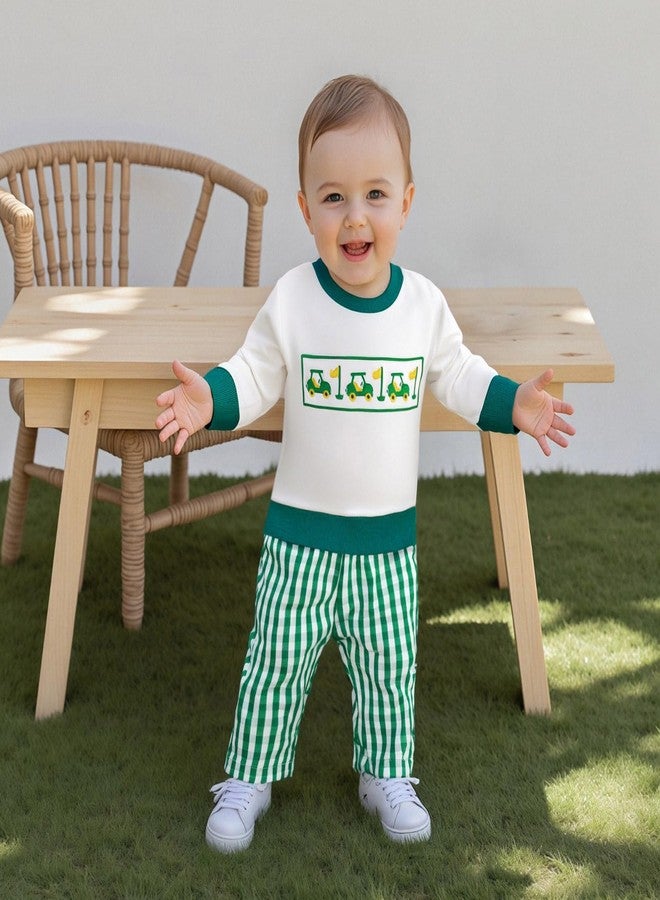 Mobbdow Toddler Baby Boy Golf Outfit Golf Cart Embroidery Crewneck Long Sleeve Sweatshirt and Plaid Pants Set Fall Clothes (A-Green, 2-3T) - Image 2