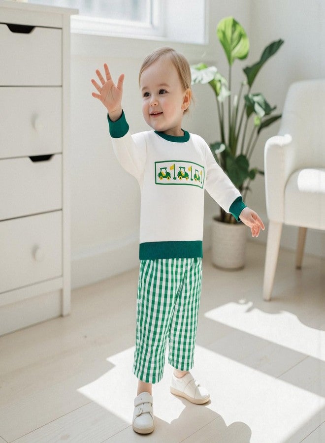 Mobbdow Toddler Baby Boy Golf Outfit Golf Cart Embroidery Crewneck Long Sleeve Sweatshirt and Plaid Pants Set Fall Clothes (A-Green, 2-3T) - Image 3